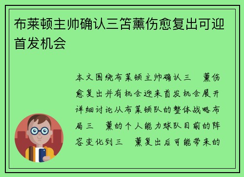 布莱顿主帅确认三笘薰伤愈复出可迎首发机会